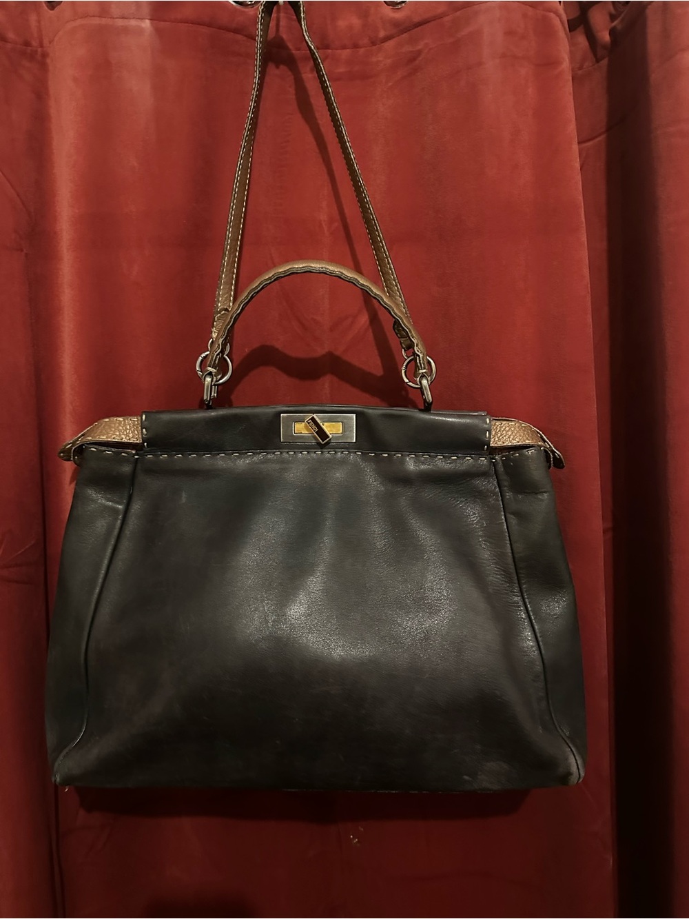 Fendi Black Selleria Peekaboo Leather Top-Handle Tote with Brown Trim